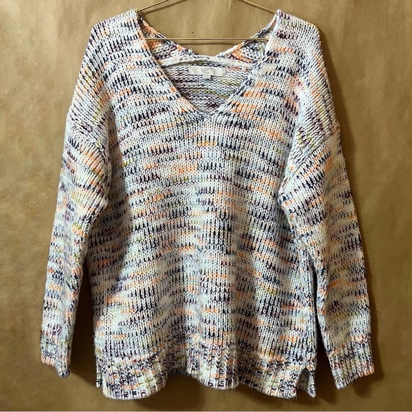 Loft | Multicolored Chunky Knit Pullover Sweater V-Neck Size 14 - Picture 1 of 11